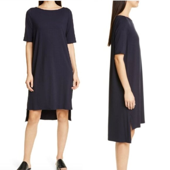 EILEEN FISHER Tencel High-Low Tunic Dress Dark Gray Charcoal Half-Sleeves Size L - Picture 8 of 8